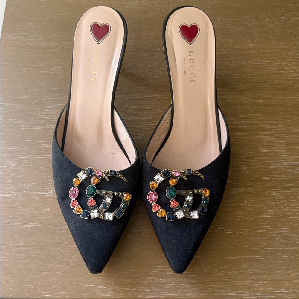 Gucci Black Satin Jeweled GG Pointed Toe Mule with Pink Insole